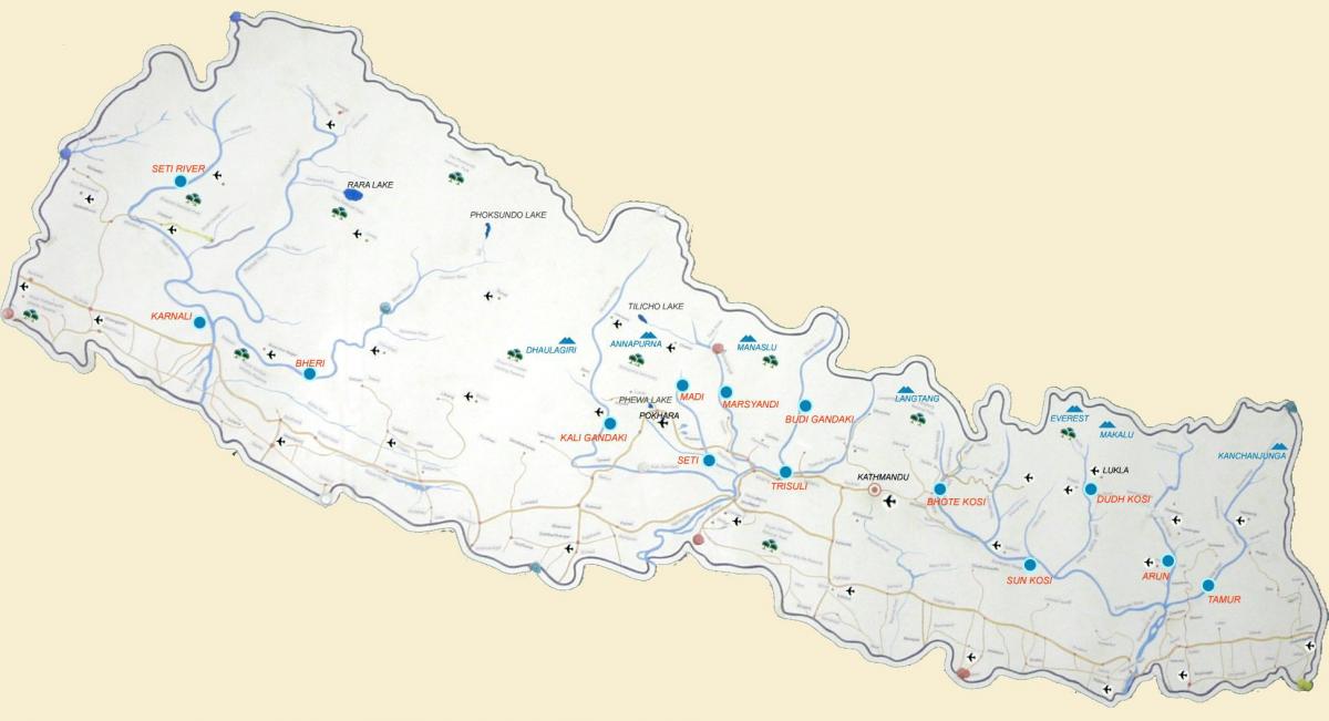 χάρτης του νεπάλ δείχνει ποτάμια